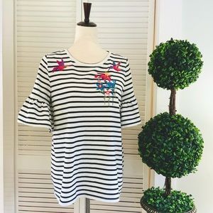 LOFT Black White Striped Hummingbird Floral Embroidered Knit Top